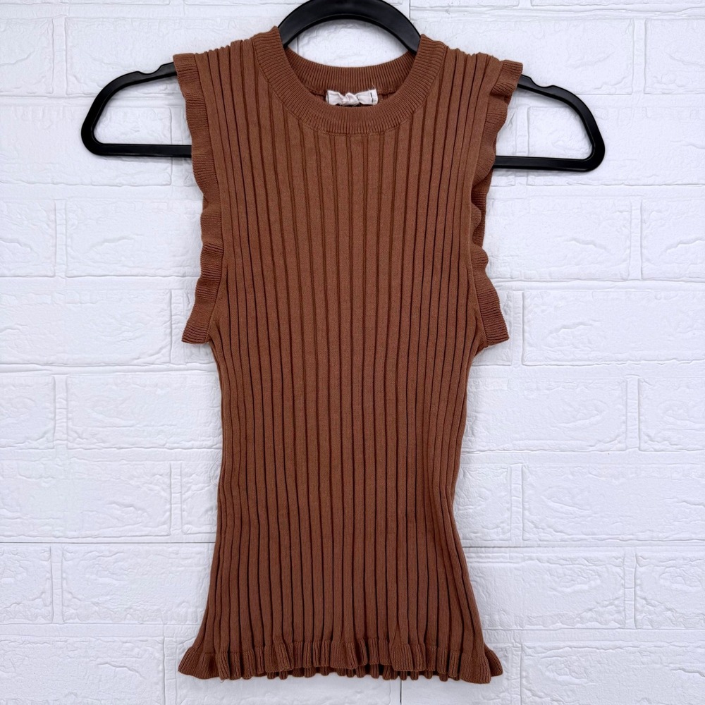 Mine Ribbed Knit Top Women Small Brown Ruffle Trim Sleeveless Casual Chic